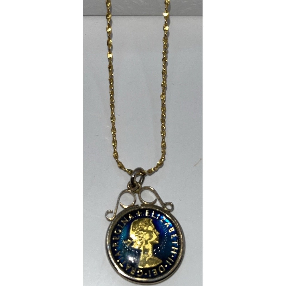 Enameled Glass Covered 1967 Sixpence 1962 Golden Hind Half‎ Penny 18" Necklace - Picture 3 of 5
